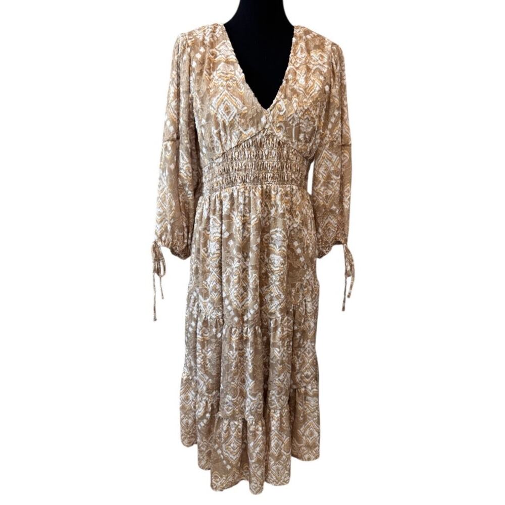 New CUPIO Bloomingdale's Tan Orla V Neck Smocked Dress M FALL FASHION